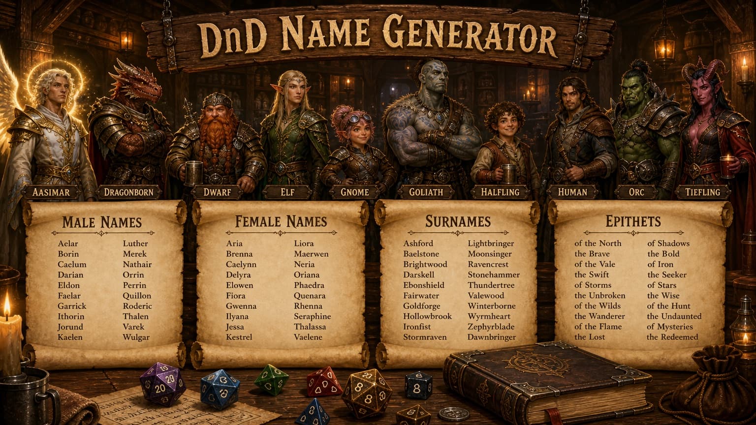 D&D Comprehensive Name Generator — all 10 playable races showcase